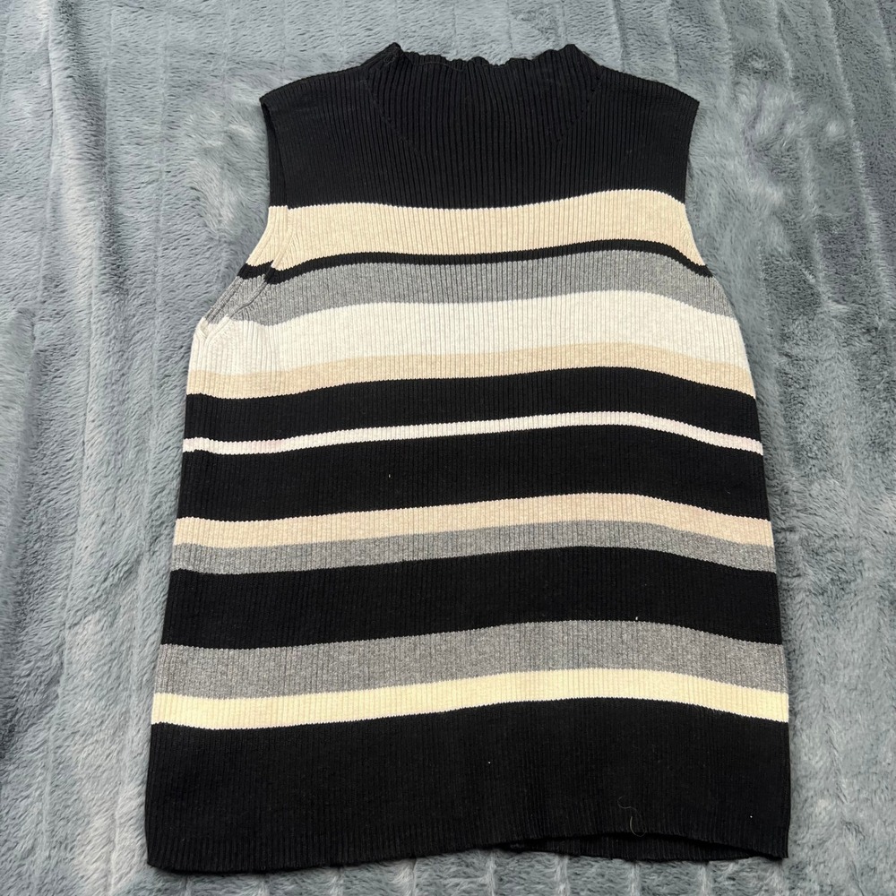 Crystal Kobe Womens Medium Black Striped Ribbed Sleeveless Mock Neck Cotton Top
